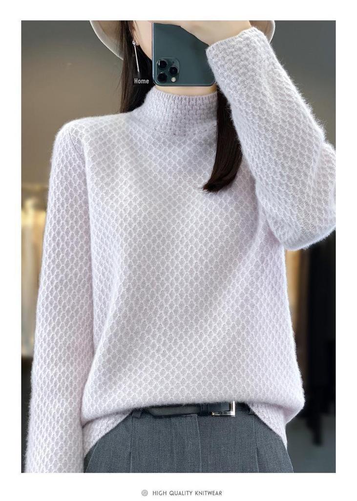 2023 Autumn Women's Cable Knit Sweater, Half-High Collar, Thick Drop Shoulder, Loose Fit, Lazy Style Base Layer