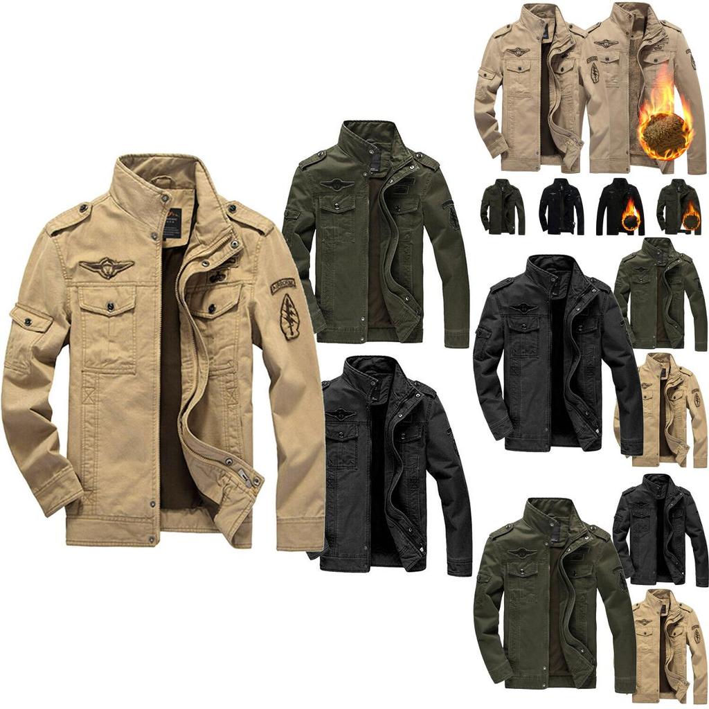 Men's Autumn Winter Thicken Military Jacket With Warm Lined Interior And Stand Collar