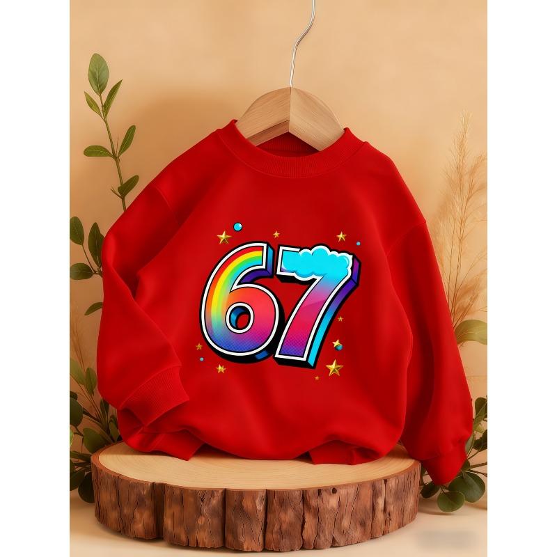 Kids Unisex Crewneck Sweatshirt, Rainbow Gradient 3D 67 Cloud Star Print Long Sleeve Pullover, Casual Sweatshirt for Boys Girls Over 4 Years Old