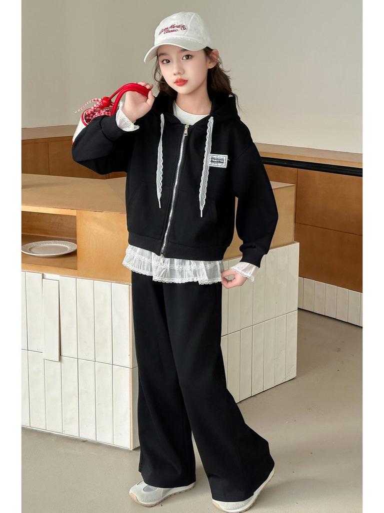 2025 New Style Girls' Hooded Sweatshirt & Wide-Leg Pants Two-Piece Set for Spring and Autumn