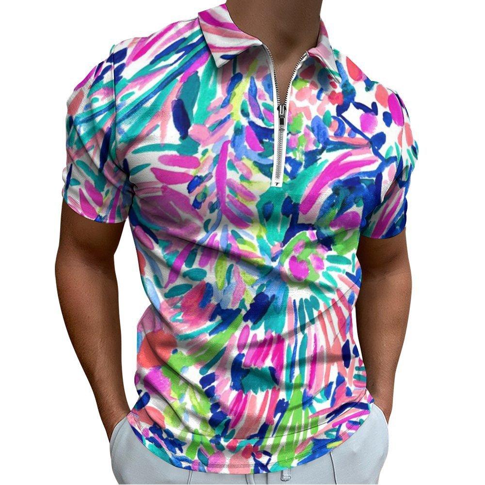 Abstract Pattern Short Sleeve Zip Polo, Stylish Casual Top for Daily Wear