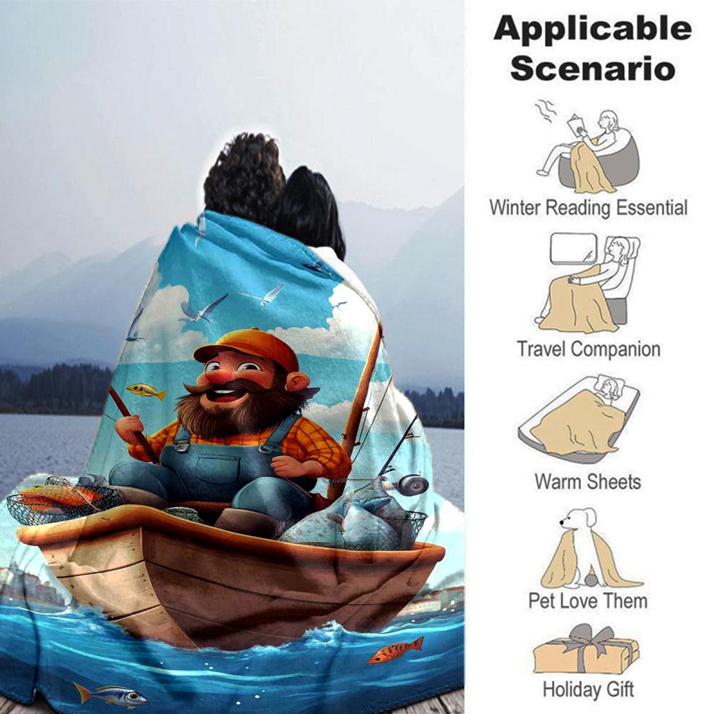 Cartoon Fisherman Boat Ocean Fish Print Flannel Throw Blanket Soft Plush Blanket for Sofa Couch Bedroom Home Decor