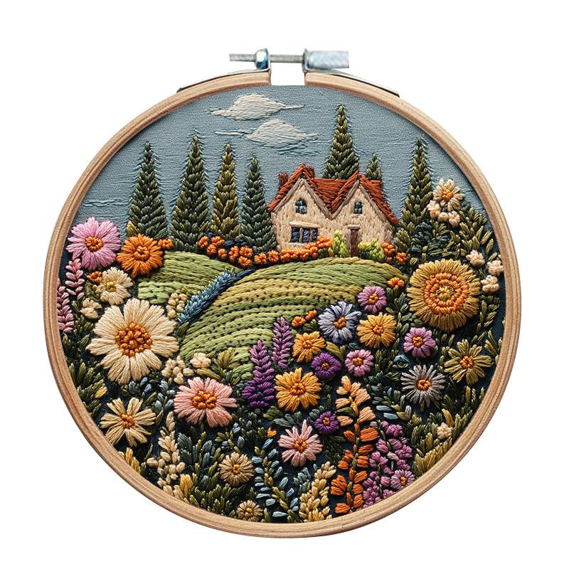 1 Stk. Haus- und Blumenmuster Stickerei DIY Stoffbastelset mit Werkzeugen