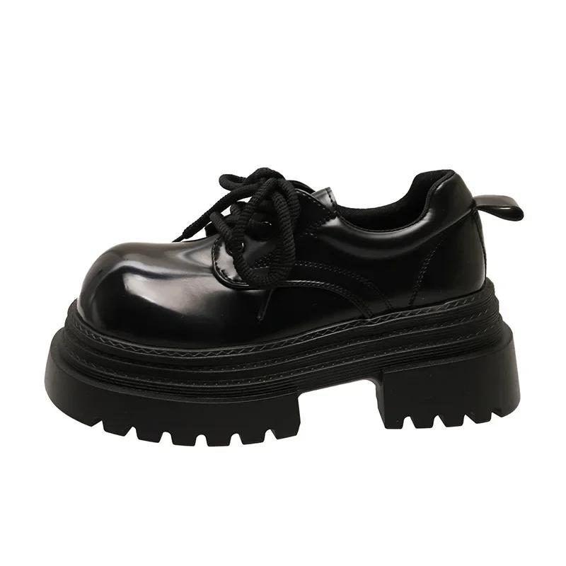 Fashion Women's Chunky Heel Single Shoes Female British Style Square Head Loafers Casual New Thick Heels Dress Lace-up Leather Pumps