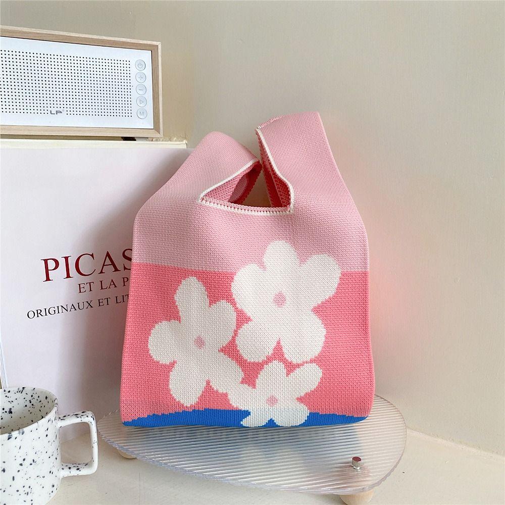 Reusable Mini Shoulder Bag Women Girls Casual Color Knot Wrist Bag Handmade Tote Bag Knit Handbag