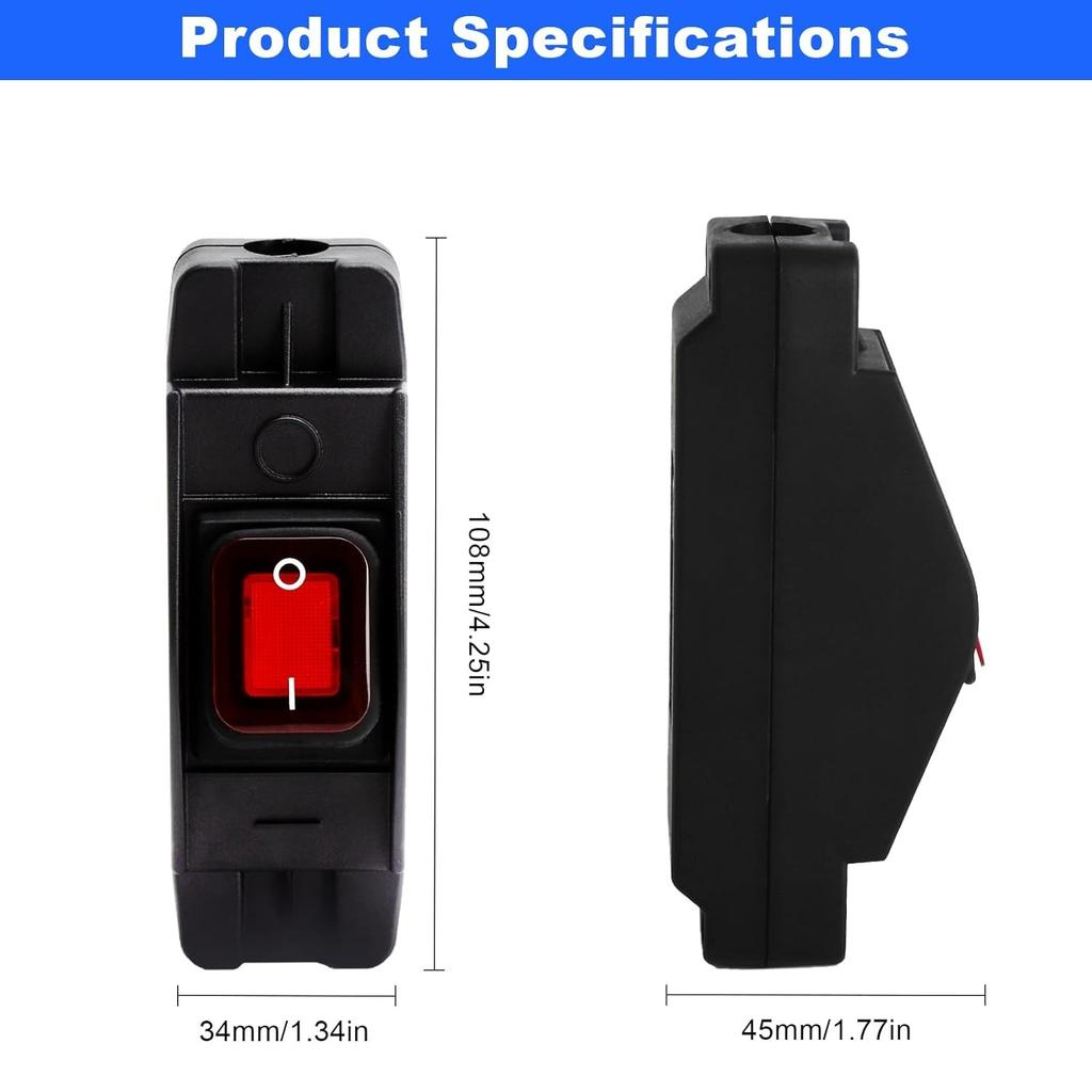 Waterproof Rocker Switch IP66 230V 16A 250V 2-Pole 230V 2-Pole with Red LED Surface Mounted Switch for Outdoor Power Cable and Large Current