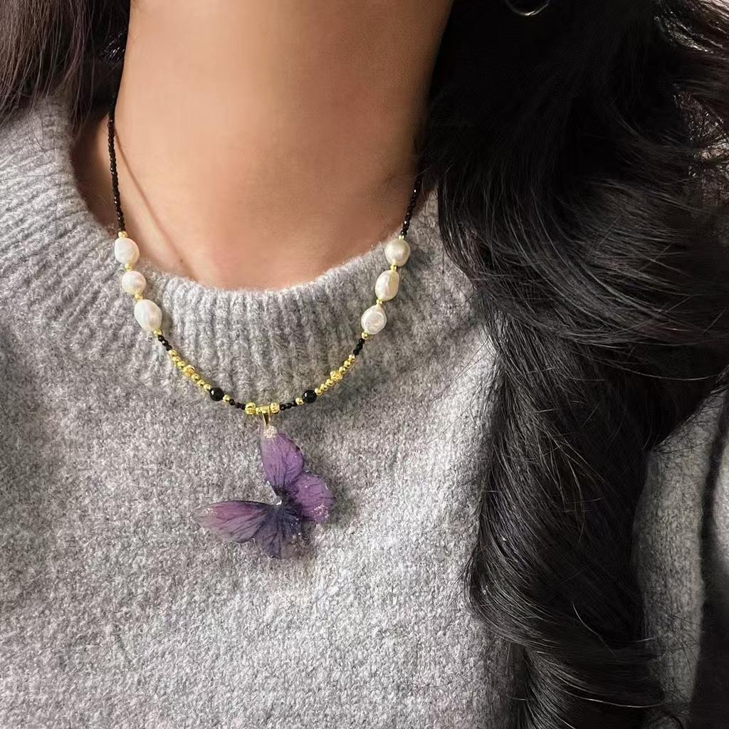 Vintage High Quality Natural Freshwater Pearl Artificial Butterfly Collarbone Chain Necklace