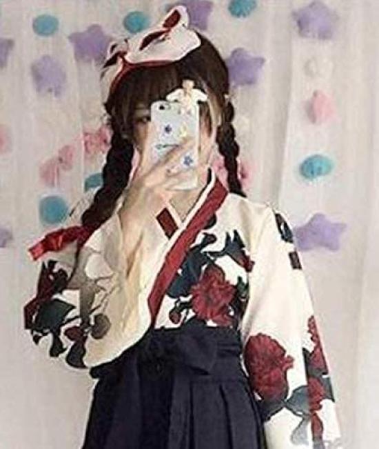 Taisho Roman Hakama Japanese Clothes Kimono Cosplay Costume Long Disguise Yukata Rose Rose Pattern [Lady Lazy] Women's Women's (Black, L)