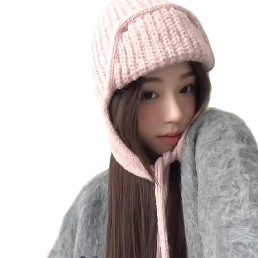 Cute pink ear protector knitted wool hat for girls, small face in winter, warm ear protector Lei Feng hat