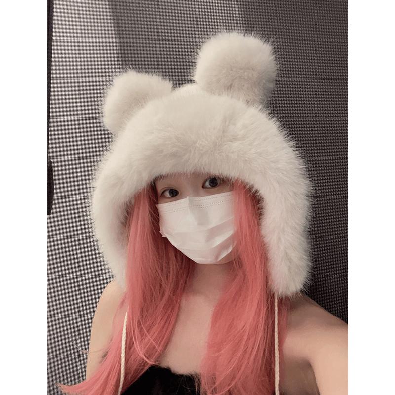 Winter Warme Frauen Flauschigen Gehörschutz Hut Bär Ohren Pom-pom Strap Warme Nachahmung Nerz Haar Süße