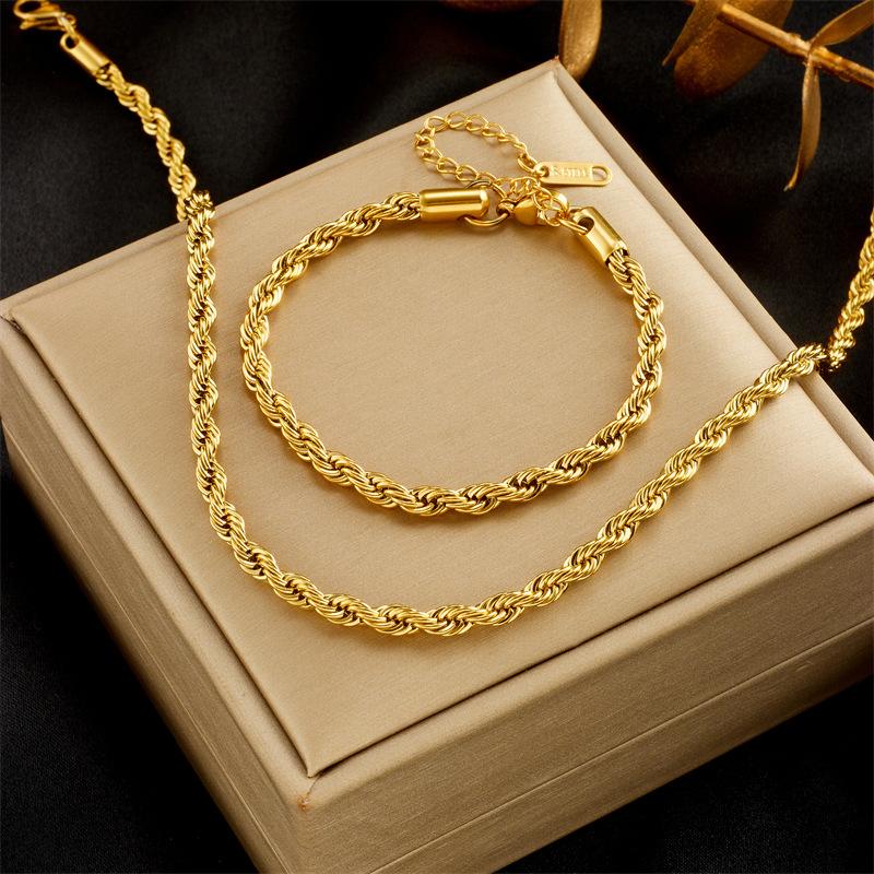Gold Plated Stainless Steel Twisted Rope Chain Necklace & Bracelet Set золотой