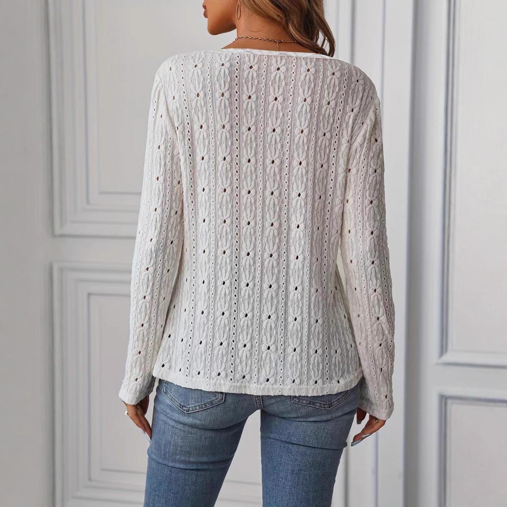A New Spring Long-sleeved Knitted Solid Color Jacquard Button Top for Fashionable Women