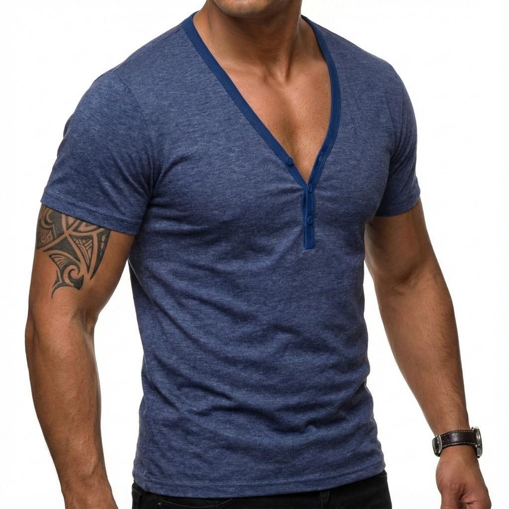 Men's Casual Base Layer Sportswear, Men's Color-blocked Low-cut V-neck Short-sleeved T-shirt Top