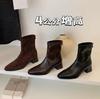 French retro thick heel short women's boots car line closed pointed rear zipper women's shoes workplace versatile black short boots women