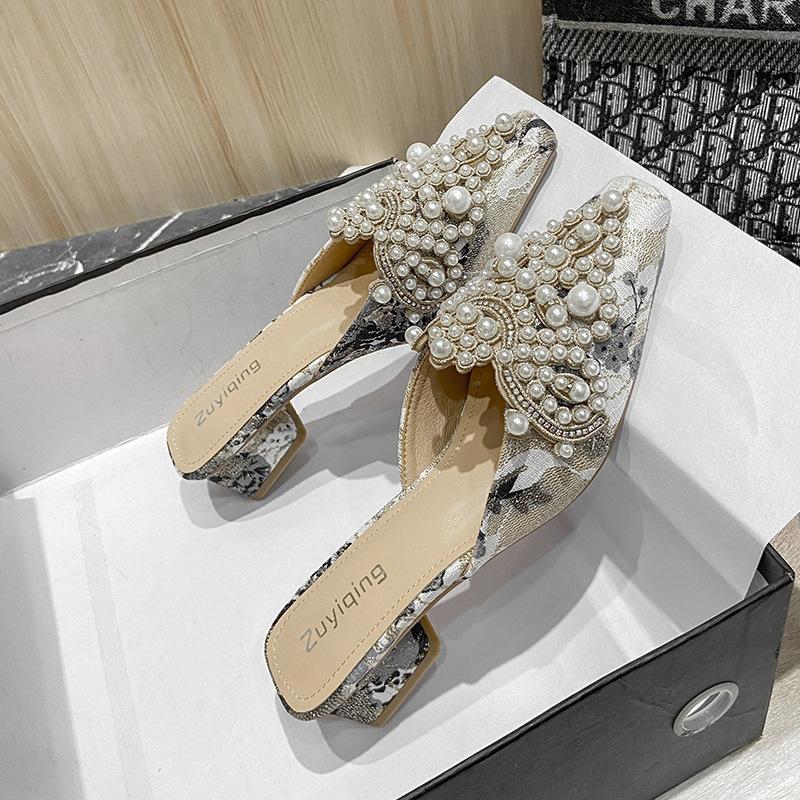 Fashion Pearl Half Slippers Women Shoe Autumn Rhinestone Chunky Mid Heel Slipper Sandals Fashion Muller Casual Versatile Single Shoes