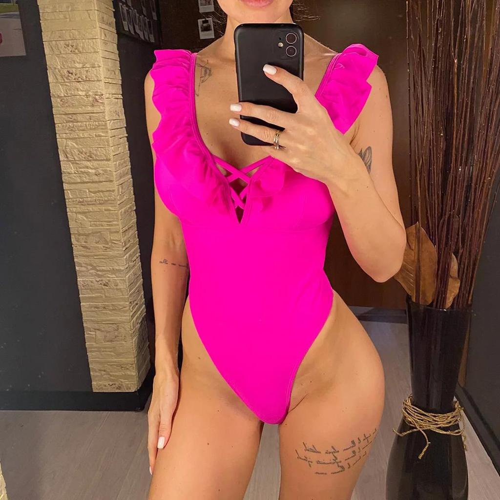 Nuovo Sexy Costume Intero Ruffled con Volant Schiena Scoperta Costumi da Bagno Donna Taglio Alto Monokini Costume da Bagno Swim