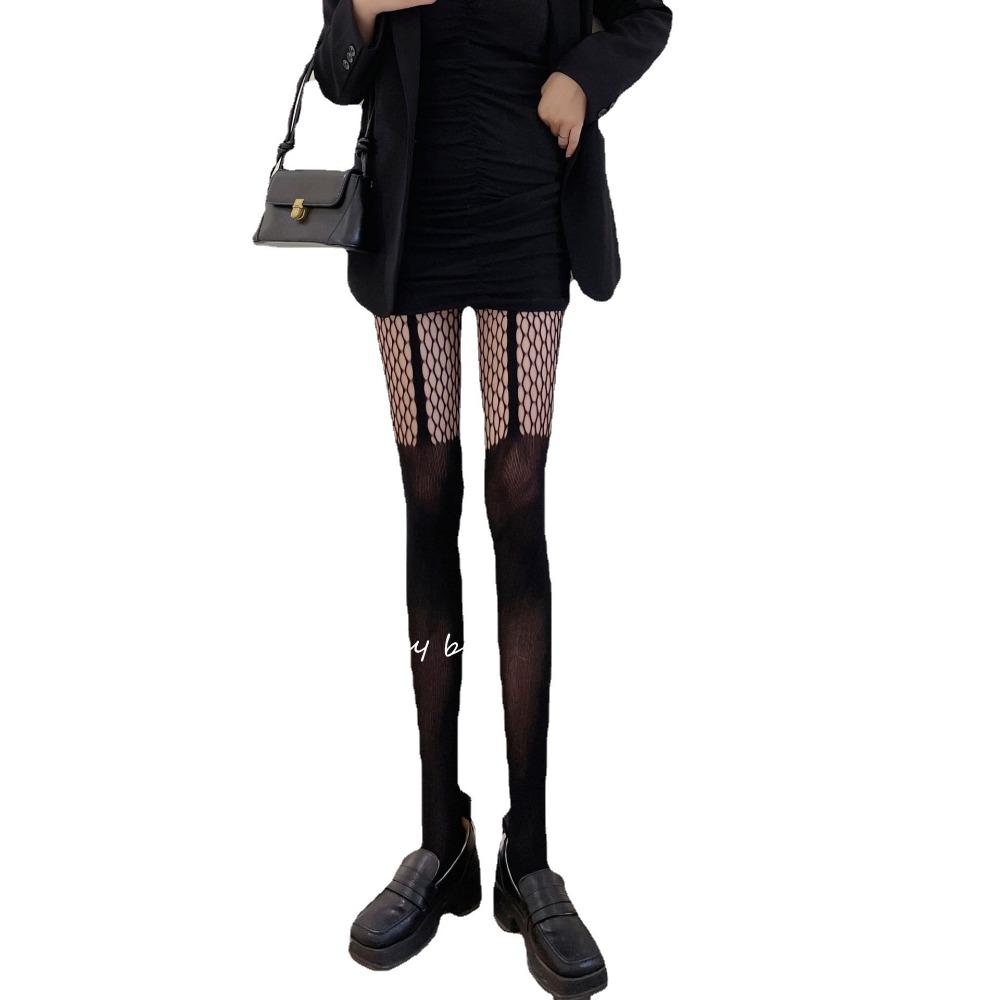 Double-line Net Socks Women's Grid Semi-hollow Fishing Net Socks Jacquard Pantyhose Black Silk Garter Socks Bottoming Stockings Pantyhose
