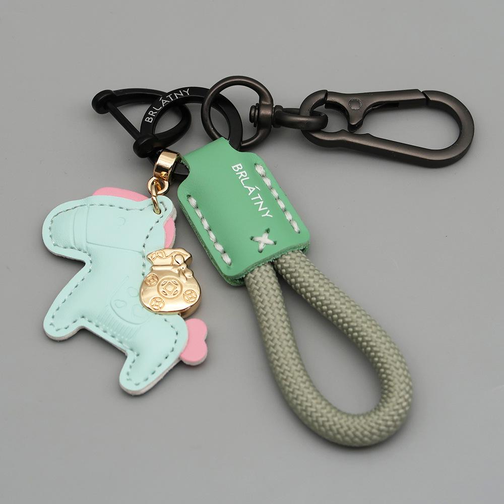 Handmade Genuine Leather Horse Keychain with Anti-Lost Lanyard and Woven Rope.