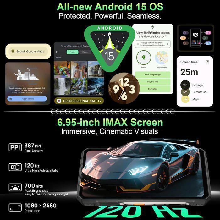 Telephone Portable Incassable Ulefone Armor 33 24Go+512Go 6,95" FHD+ 25500mAh Smartphone Robuste Android 15 1100LM Dural SIM/NFC