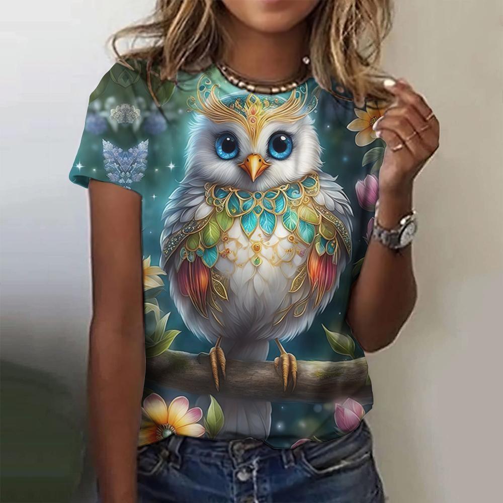 Summer Round Neck 3D Print Owl Pattern Top Fashionable Casual Short Sleeved Women's T-shirts