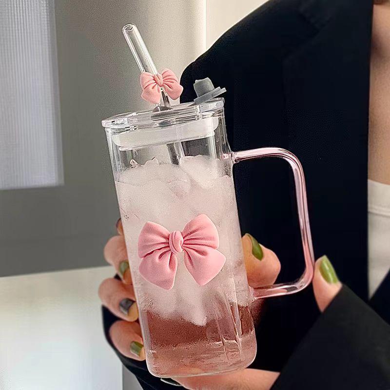 2024 Stylish Heat-Resistant Girls' Glass Water Cup with Straw & Handle for Office Tea Brewing