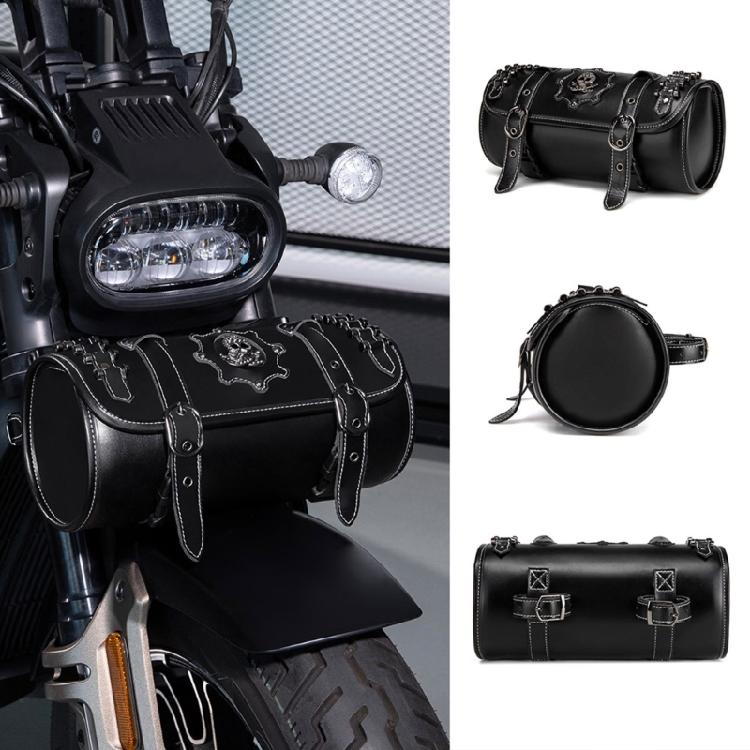 Front Fork Handlebar Bag Motorcycle Front Bag Tool Bag Skull Pattern Saddlebag PU Storage Pouch Motorbike Tool Bag