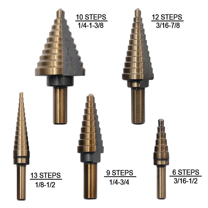5-Piece Hole Expansion Pagoda Drill Bit Set for Steel Plate Punching with Yellow Triangle Ladder Drill In Aluminum Box.