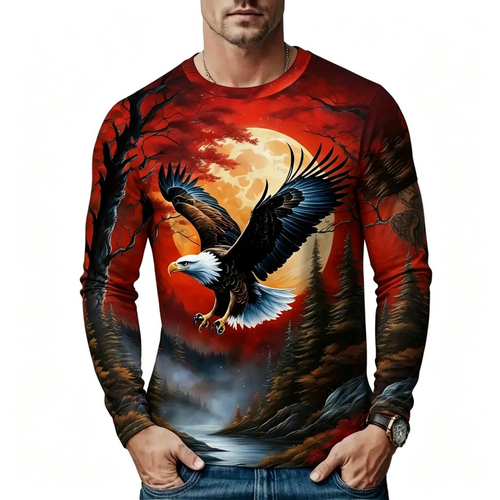 Men's Long Sleeve T-Shirt Bald Eagle Forest Moon 3D Print Casual Outdoor Streetwear Crew Neck Top