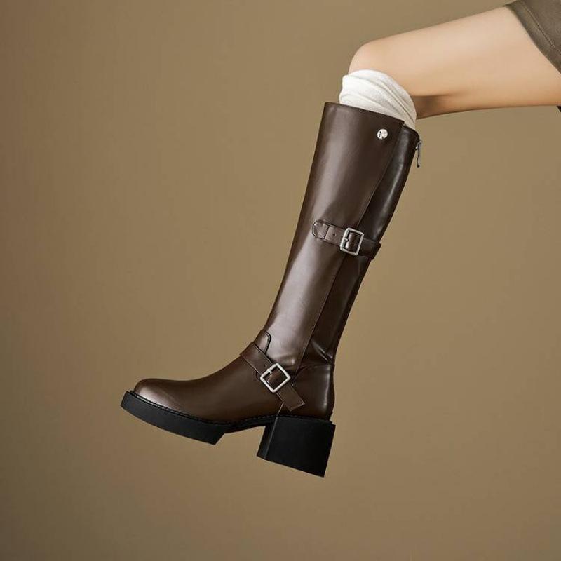 Herbst- und Winter Damen Leder Ritterstiefel einfarbig Reißverschluss hinten hoher Absatz große Größe Damenstiefel vielseitig quadratischer Absatz Rindsleder hohe Stiefel
