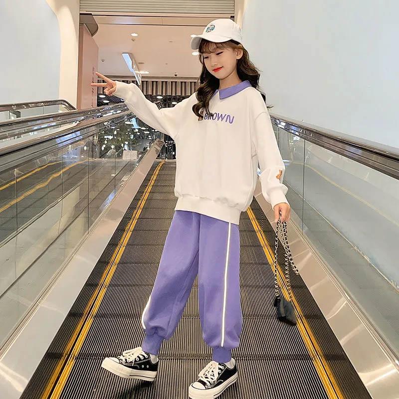 

Весенне-осенний комплект из двух предметов для девочек, удобный дышащий пуловер с принтом, модный свитер с лацканами, повседневный брючный костюм 120