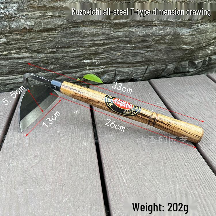 Kuzokichi All-Steel T-Hoe: Versatile Small Hoe for Weeding, Planting, and Gardening In Vegetables & Flowers - Half-Moon Japanese Garden Tool.