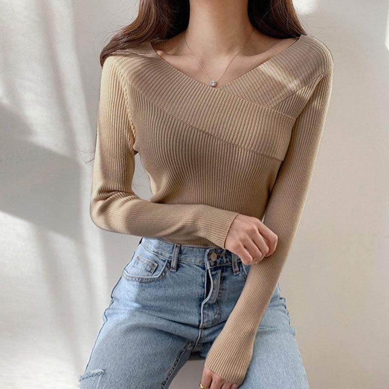 Autumn Winter Off The Shoulder Solid Color Slim Long Sleeve Knitted Tops Women's All Match Chic Sweater