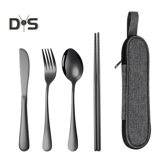 Stainless Steel Cutlery Set 4-Piece Retro Tableware Fork Spoon Chopsticks Knife with Storage Bag Mirror Polished Dishwasher Safe Cutlery Set for Home