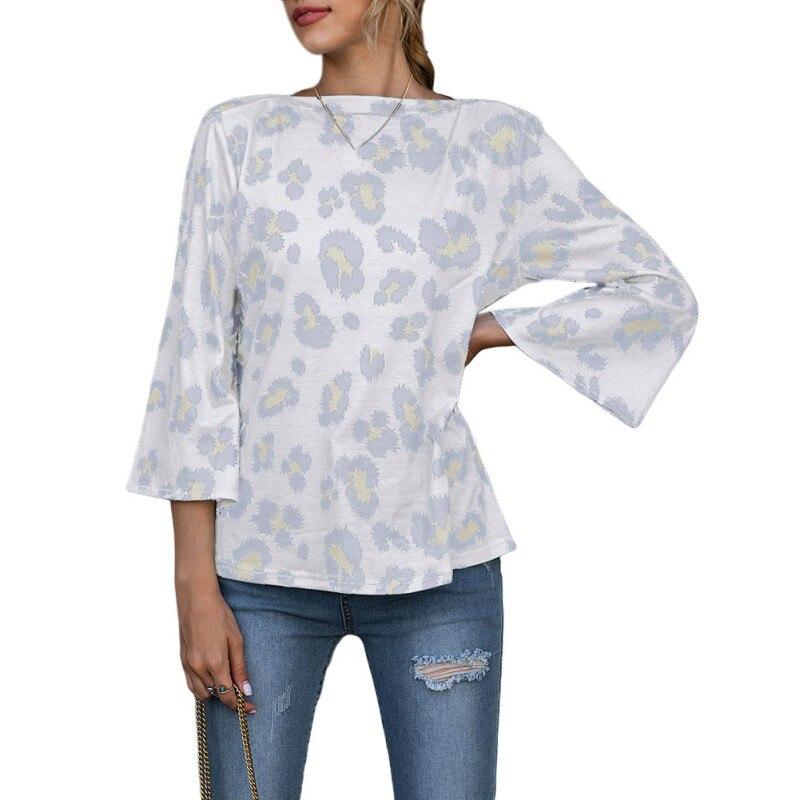 Summer Explosion Models Leopard Print Round Collar Nine Points Trumpet Sleeve T-shirt