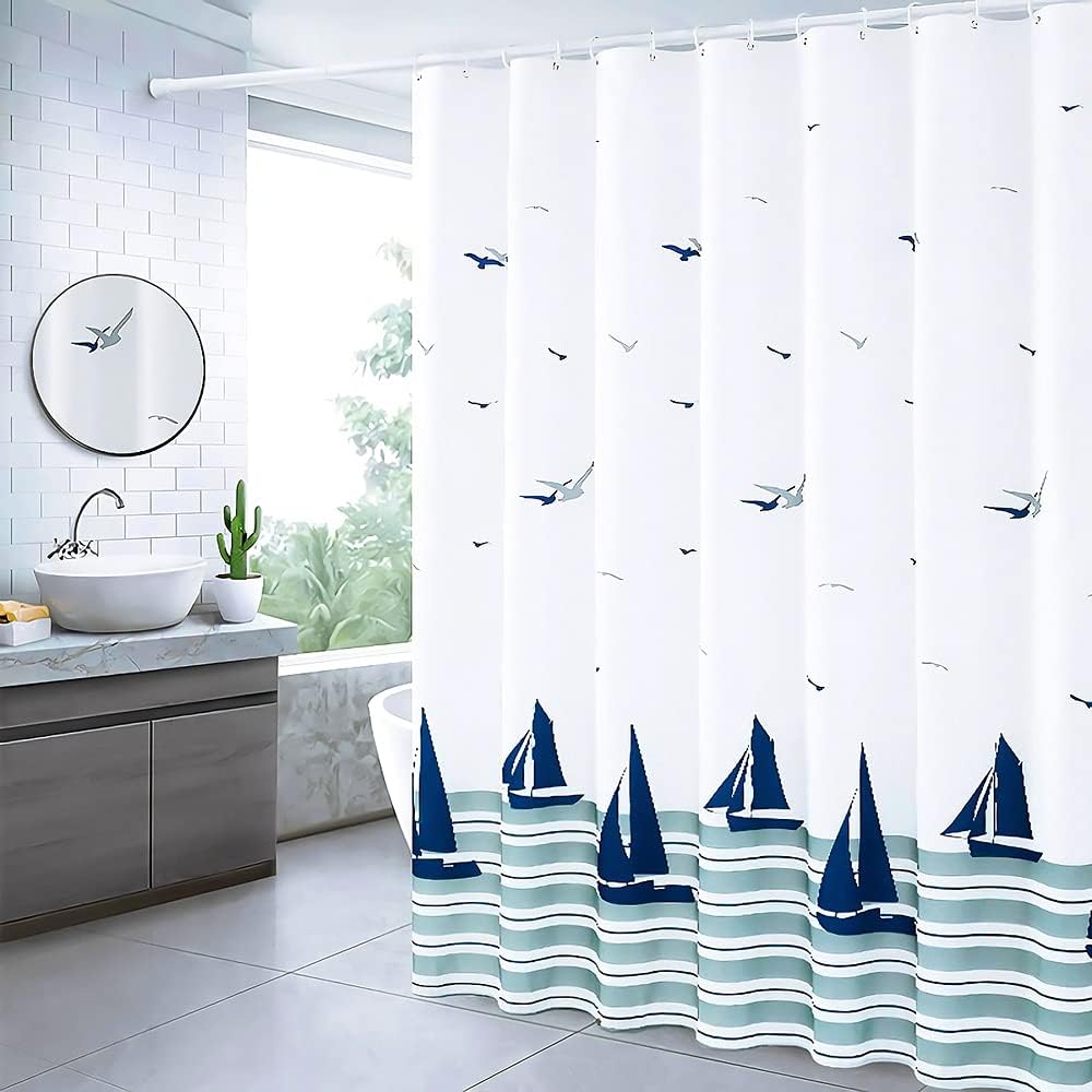 Xxuan Home 72 X 72 Fabric Shower Curtain for Bathroom, Nautical Coastal Waterproof Shower Curtain with Hooks, Sailboats