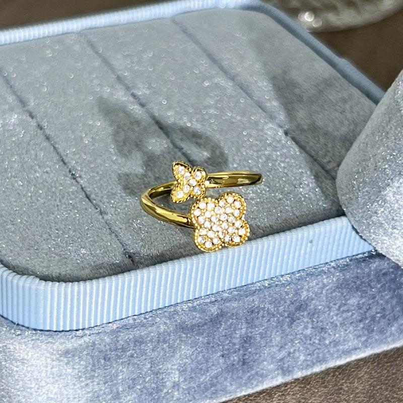 2026 Old Money Wind Exquisite Micro-inlaid Zircon Butterfly Flower Opening Ring Women's Light Luxury Geometric Stacking Wearing Versatile Niche Ring