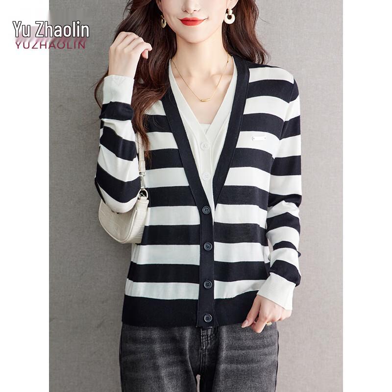 Dámský pruhovaný pletený kardiganový svetr ve stylu falešného dvoudílného kompletu