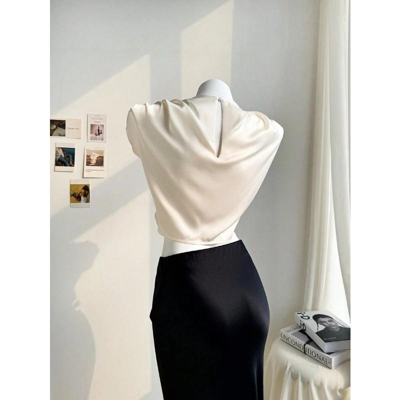 Women's Spring Summer Pleated Satin Shirt Color Ding Imitation Silk Short Shirt