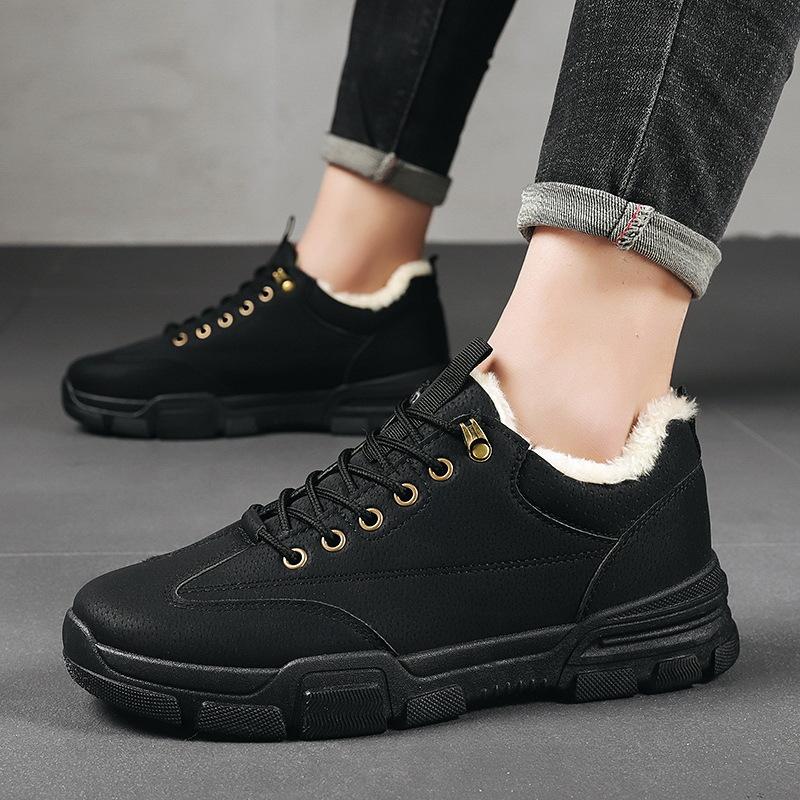 Winter Boots Man Velvet Warm Plush Shoes Casual Platform Snow Boots Fashion Low-top PU Leather Cotton Men's Shoes Ankle Booties