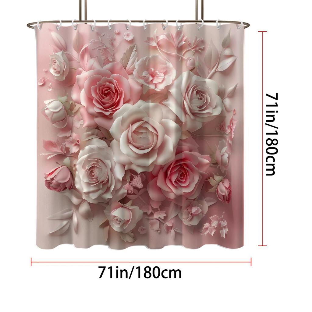 1PC 3D floral pattern printed shower curtain, with 12 hooks, suitable for bathroom showers, bathtub, home use