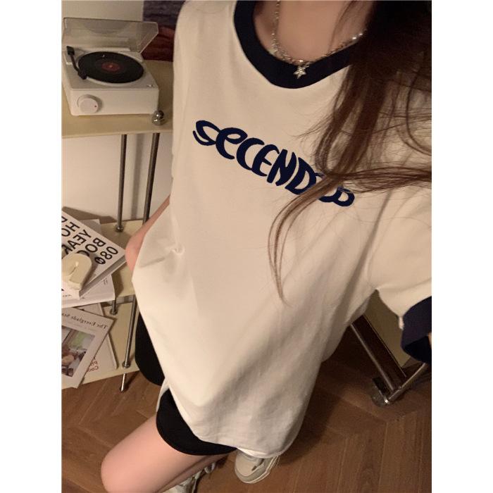 

2025 new cotton white splicing short-sleeved t-shirt women s summer loose top women s design sense niche INS tide 2XL Темно-синій