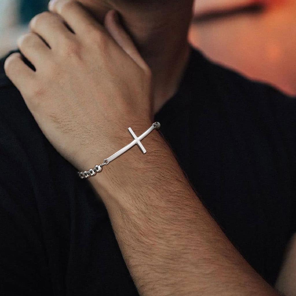 Vnox Simple Big Cross Bracelets with Glossy Stainless Steel Beads Bracelets, Adjustable Beaded Chain Men Religious Faith Jewlery