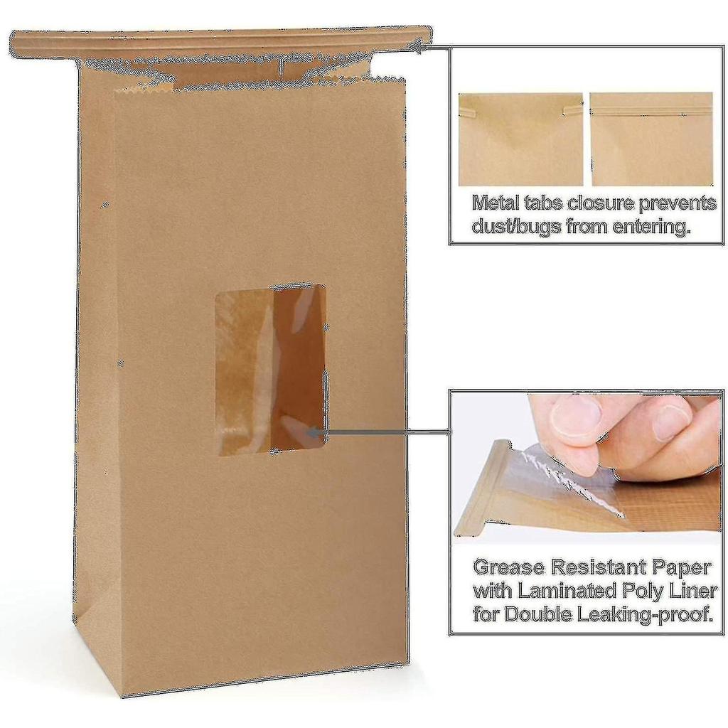 Grease Resistant Bakery Bags With Window Oil-proof Kraft Paper Bags 50pcs 5x2.95x9.45 Inches Tin Tie Tab Lock Bags Brown Window Bags Coffee Bags Popco