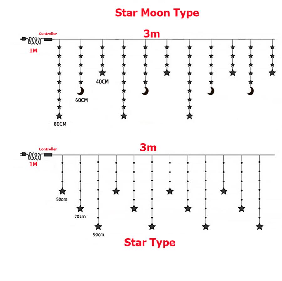 3M Star Moon Fairy Curtain String Lights Outdoor Star Icicle Light Christmas Garland Fairy Light for Window Wedding Party Decor