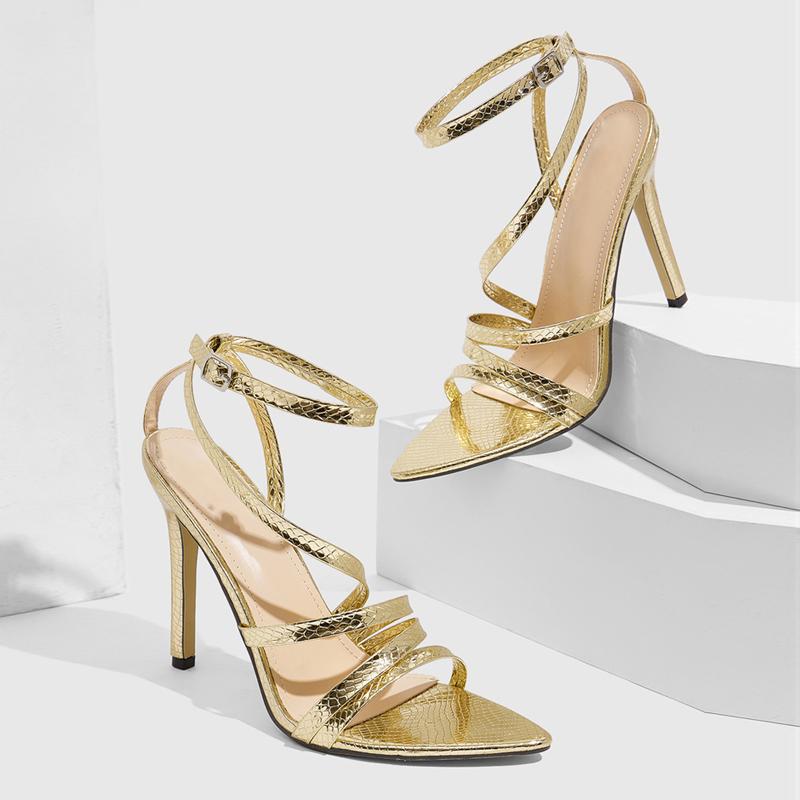 Fashion Liyke Sexy Goldener Schlangenleder-Knöchelriemen-Sandalen Damen Schmaler Riemen Spitzzehe Stripper-Absätze Party Ballschuhe Größe 36-42