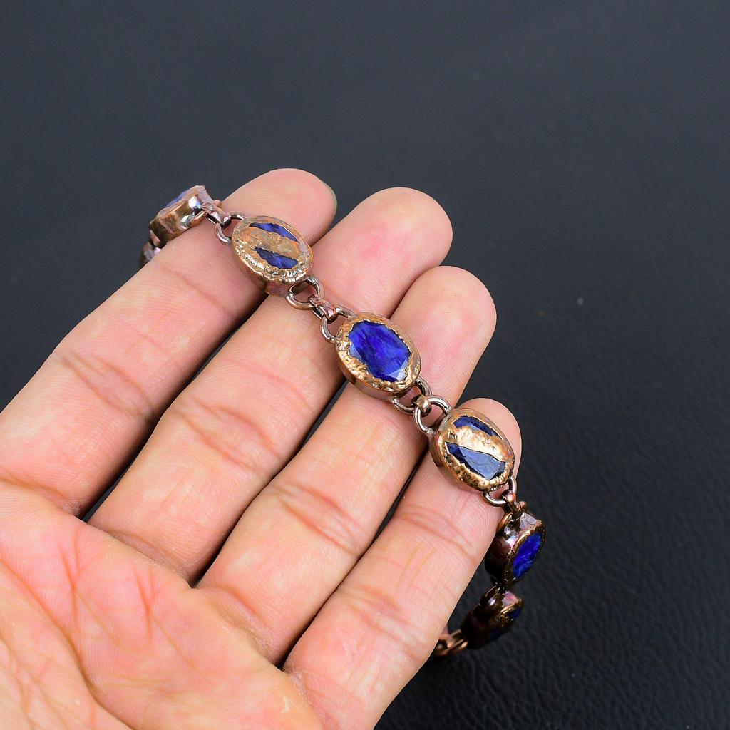 Blaues Saphirarmband, Handgefertigtes Edelsteinarmband, Kupfer elektrogeformter Antikschmuck, Für Verlobungsgeschenk