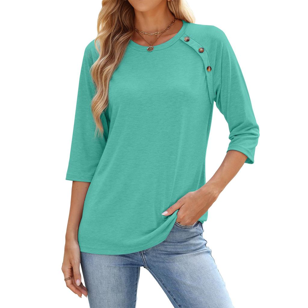 Women's Color Casual Fashion Round Neck Button Seven Quarter Sleeve Top