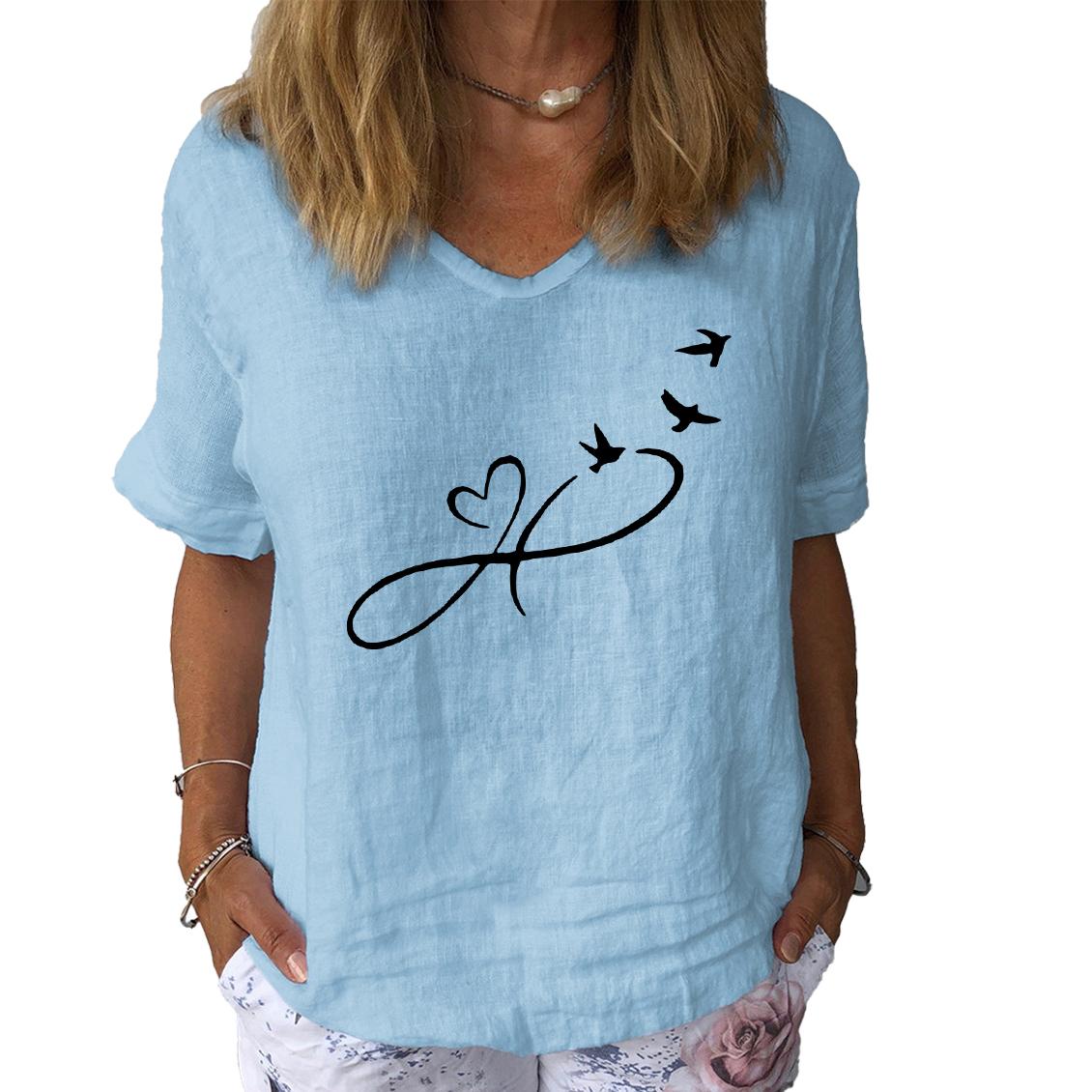 

Женская модная хлопковая льняная футболка, повседневная футболка с V-образным вырезом и коротким рукавом, женская футболка с принтом 3XL светло-синий