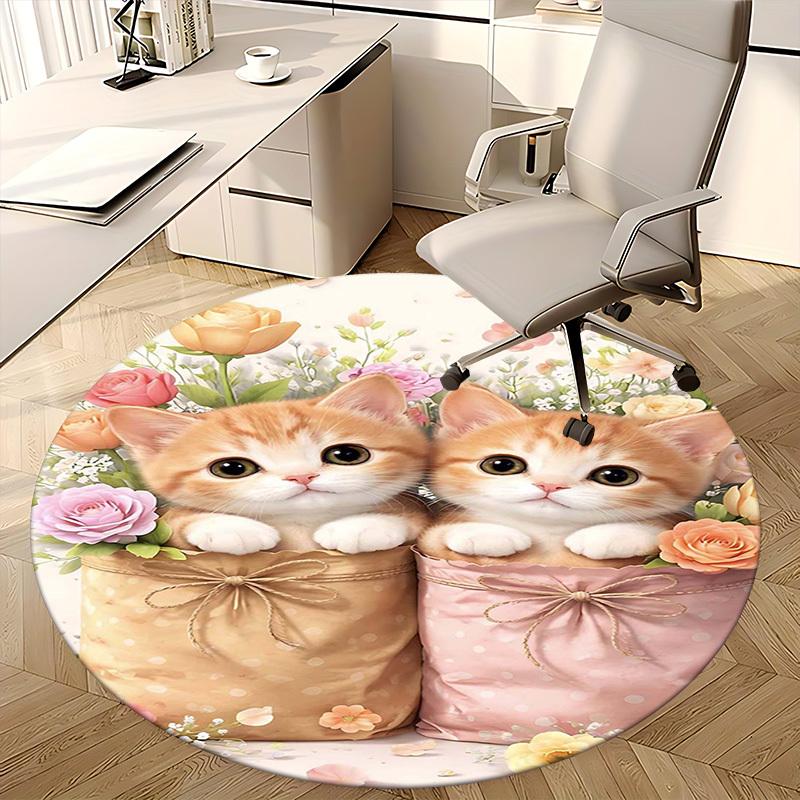 1pc Cute Cat Round Carpet - Floral Design Office Chair Mat, Non-Slip Rug for Home Decor, Suitable for All Seasons and Occasions.H003