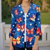 Women's Loose Casual Independence Day Printed Seven Sleeve Button Down Shirt Cardigan Top